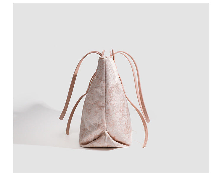 Large structured floral jacquard tote bag with long leather-look shoulder strap, detail view 10