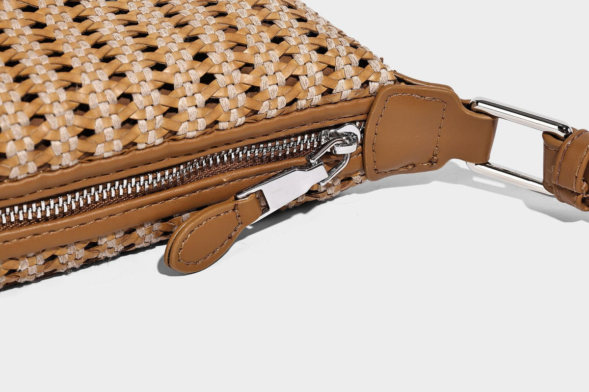 Woven crescent shoulder bag with leather-look knotted handle, zip top, attached mini pouch, and silver-tone hardware, detail