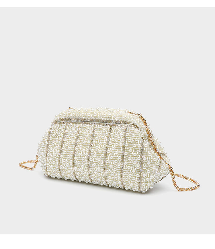 Structured faux-pearl beaded evening clutch bag with silver-tone chain strap and top zip closure, detail view 21