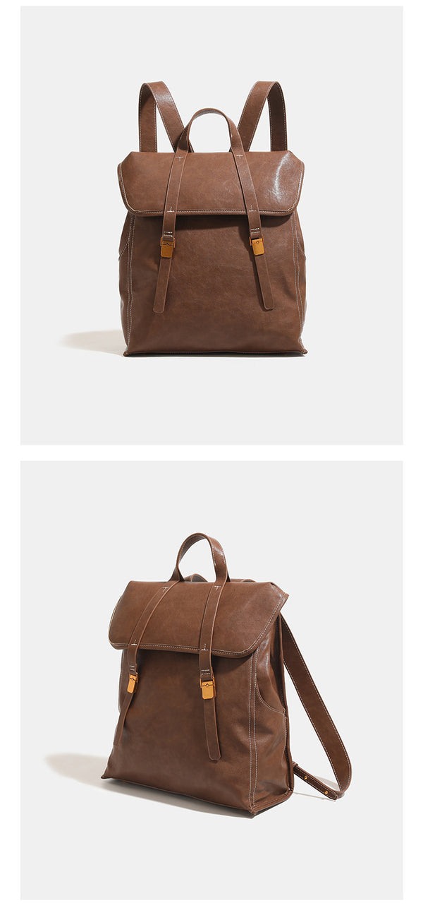 Structured leather-look flap backpack handbag with top handle, buckle front straps, white contrast stitching, and gold-tone