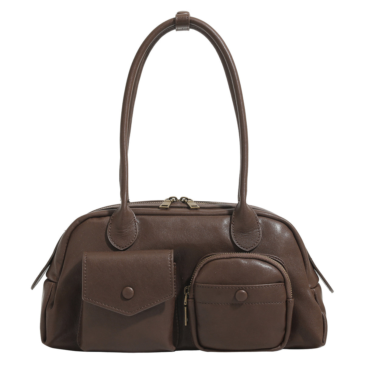 Structured matte leather-look bowling bag with snap-flap and zip front pockets, looped top handles, and antique gold-tone