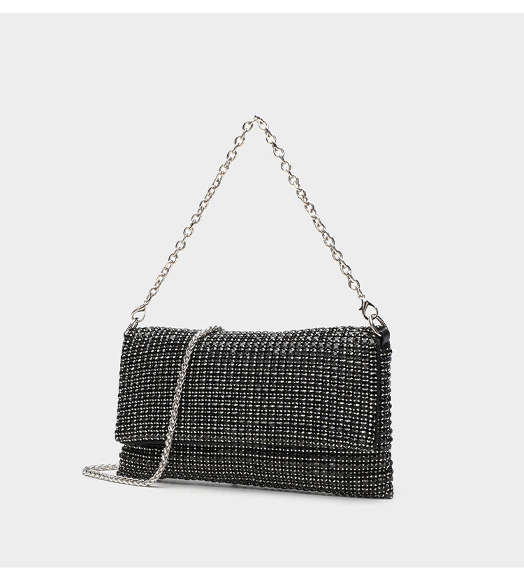 Small rectangular all-over rhinestone flap crossbody clutch bag with silver chain strap, detail view 11