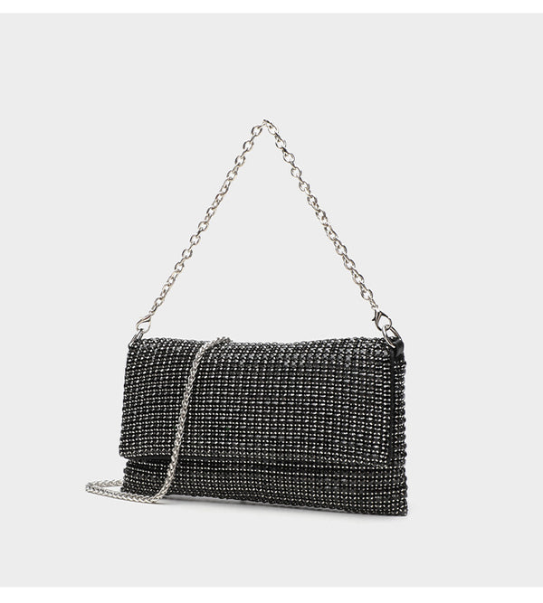 Small rectangular all-over rhinestone flap crossbody clutch bag with silver chain strap, detail view 11