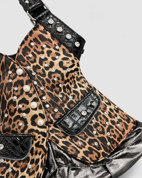 Corset-silhouette leopard-print shoulder bag with crystal and pearl-look stud hardware, front zip flap pockets, and, detail
