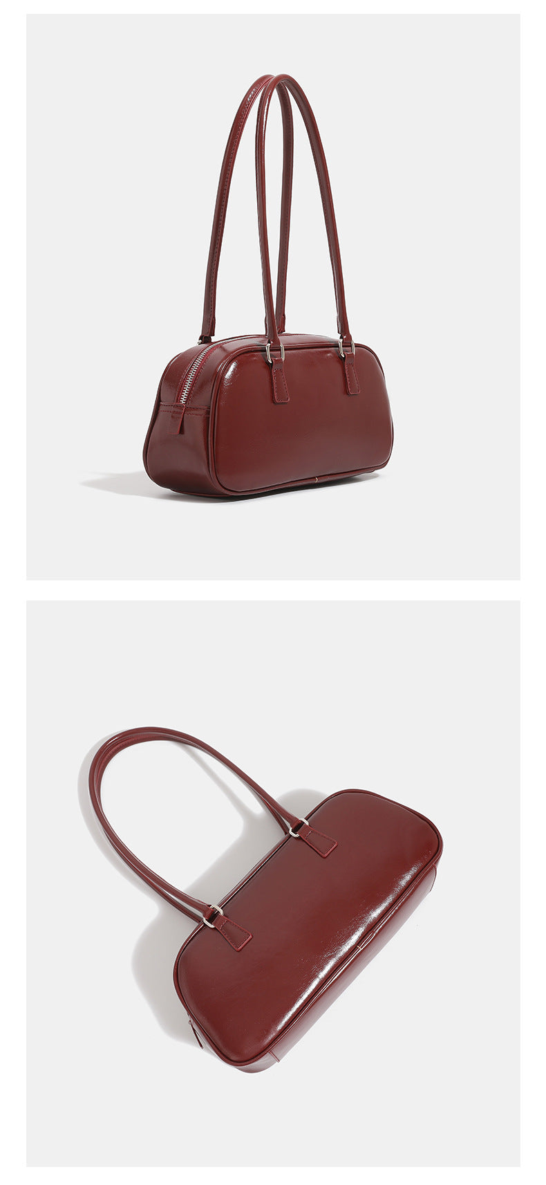Rounded baguette shoulder bag with glossy leather-look finish, double-pull zip top, dual top handles, and silver-tone, detail