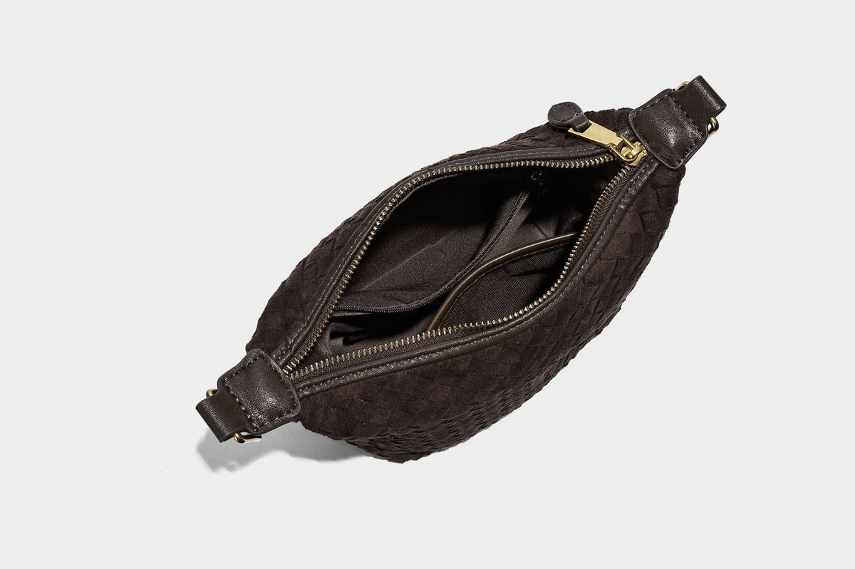 Small woven-texture crescent hobo bag in dark chocolate brown with top zip closure, gold-tone hardware, and adjustable
