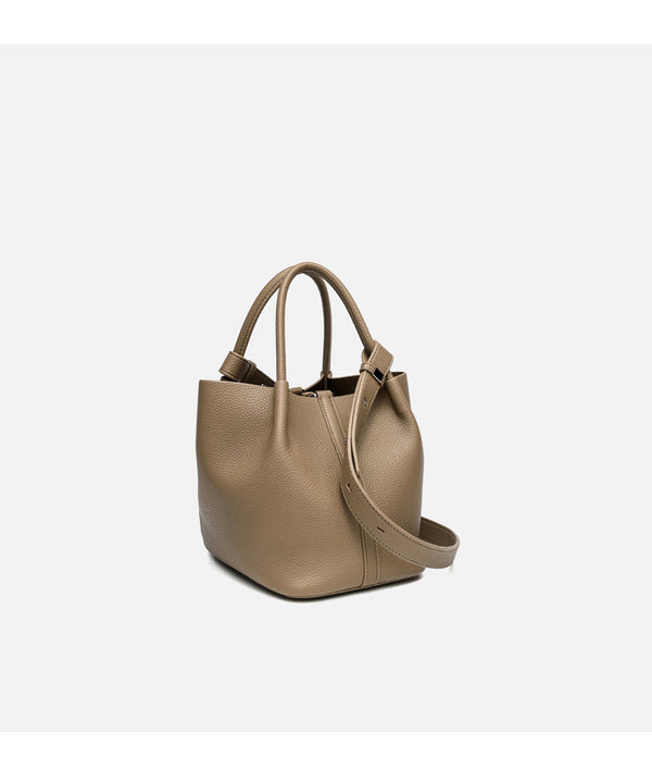 Pebbled leather-look bucket tote bag with rounded top handles and detachable shoulder strap, detail view 10