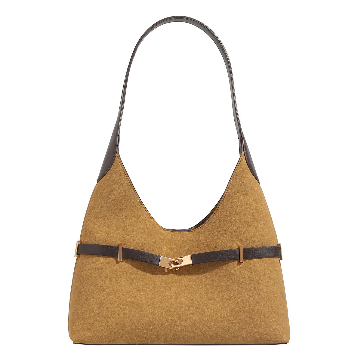 Senfgelbe matte Hobo-Schultertasche in Velourslederoptik mit dunkelbrauner Besatz in Lederoptik und roségoldener Gürtelschließe, Detailansicht 5