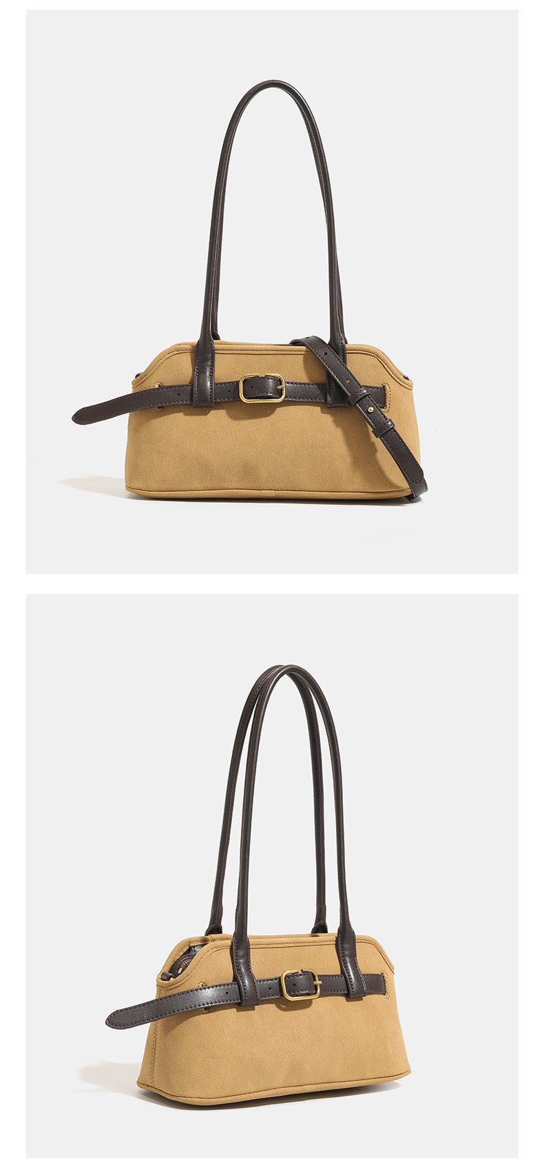 Kleine strukturierte Retro-Schultertasche mit Schnallendetail am Riemen, zwei Henkeln und goldfarbenen Beschlägen, Detailansicht 11