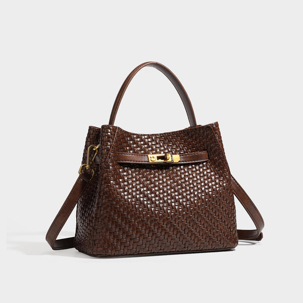 Structured woven leather-look bucket bag with gold-tone turn-lock hardware and detachable shoulder strap, front view