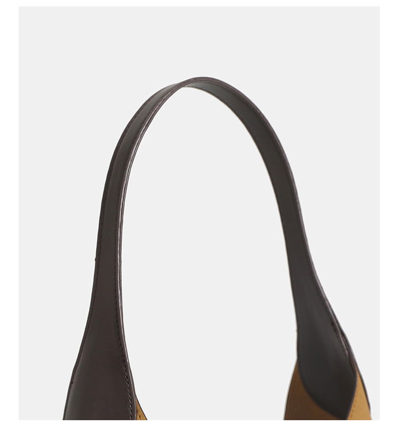 Senfgelbe Hobo-Schultertasche mit matter Velourslederoptik, dunkelbraunen Besätzen in Lederoptik und roségoldfarbenem Gürtelschloss, Detailansicht 11