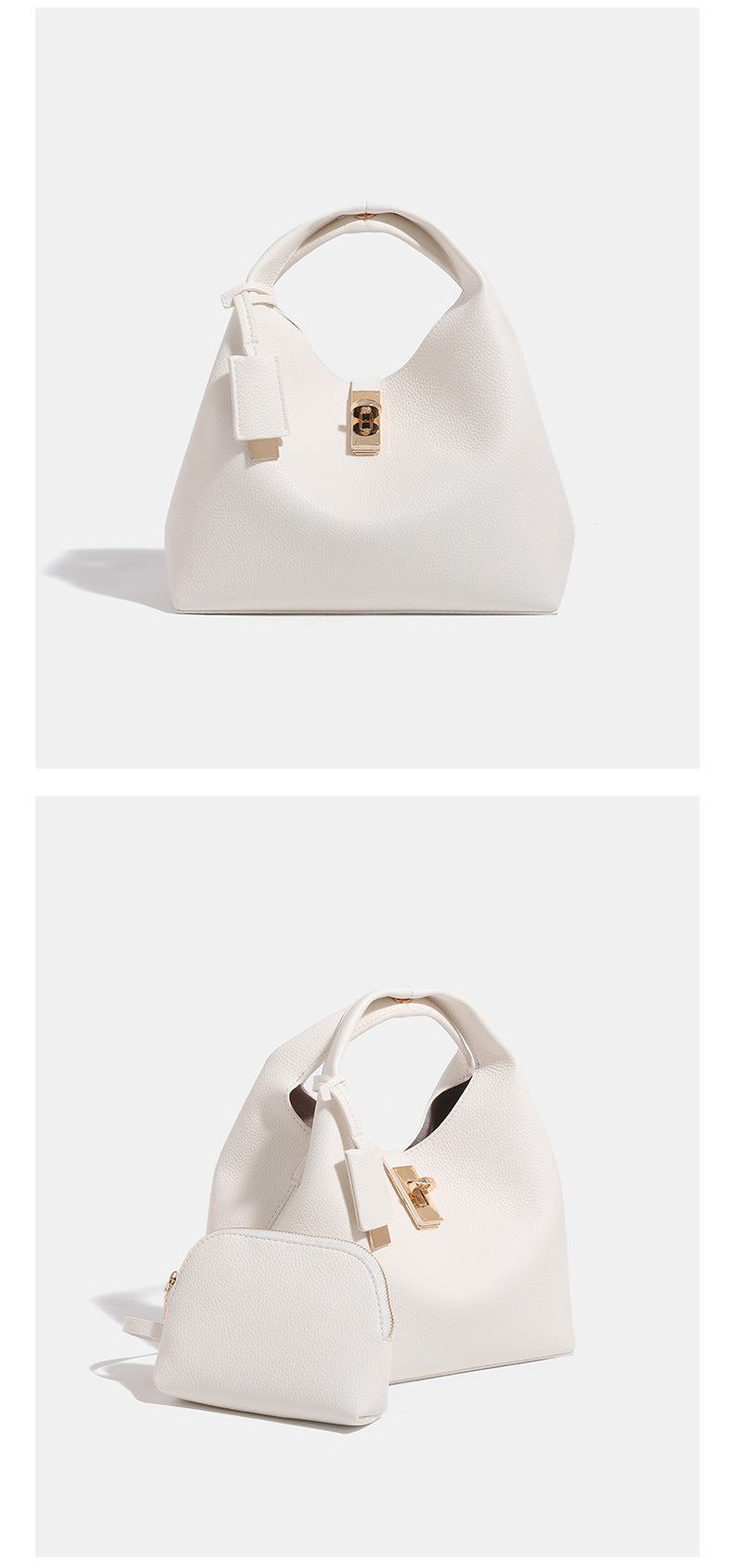 Structured pebbled leather-look bucket tote with gold-tone turn-lock hardware and looped top handle, detail view 8