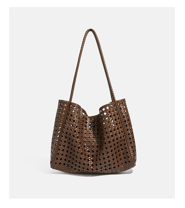 Slouchy open-lattice woven shoulder tote bag with long braided straps and matching zip pouch, detail view 13