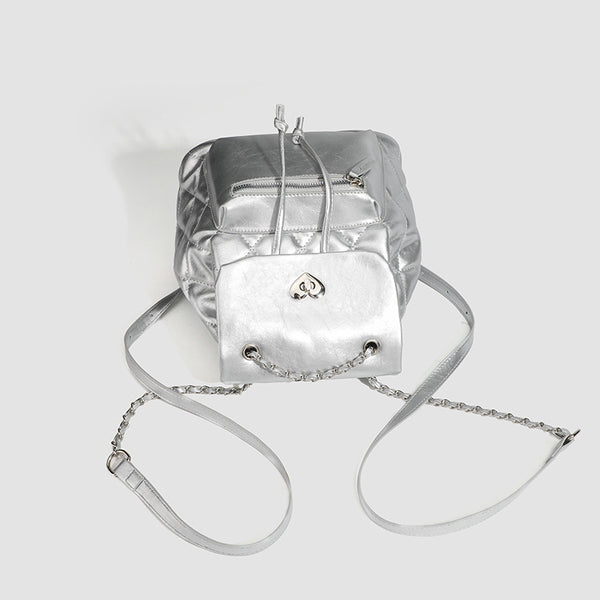 Quilted leather-look backpack with heart turn-lock clasp and woven chain handles, detail view 4
