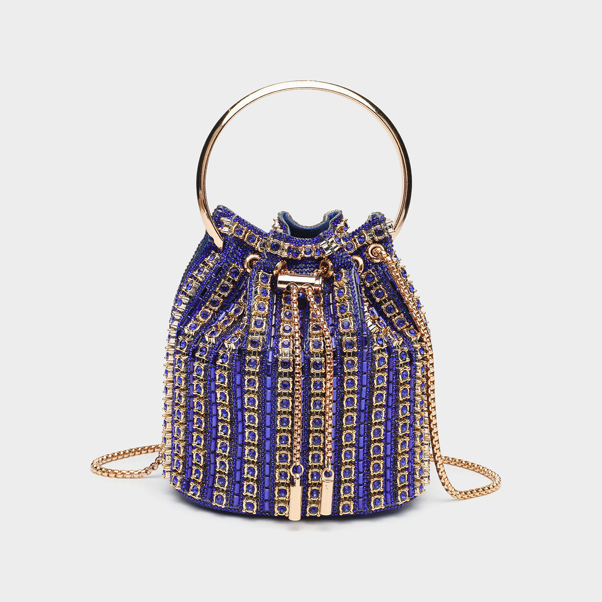 Mini crystal rhinestone bucket bag with circular ring top handle, drawstring closure, and silver chain shoulder strap, detail