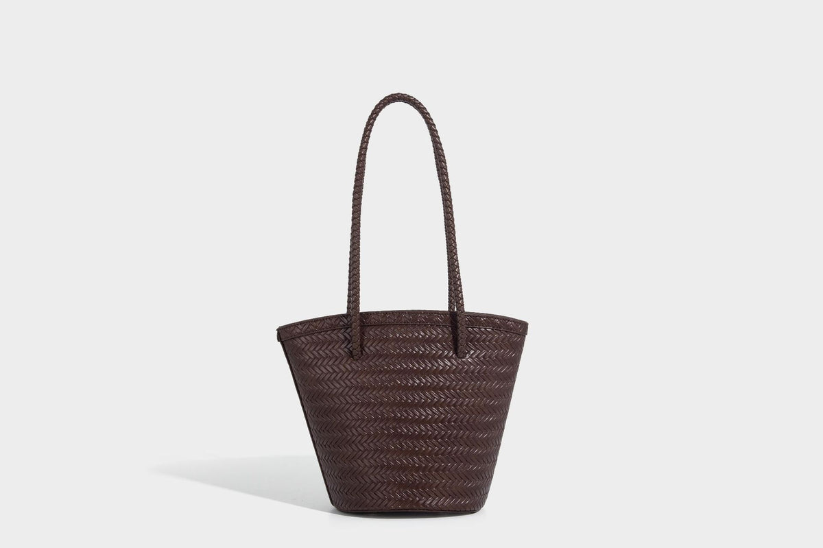 Chevron-woven bucket tote bag with braided shoulder straps and matching drawstring pouch, detail view 26