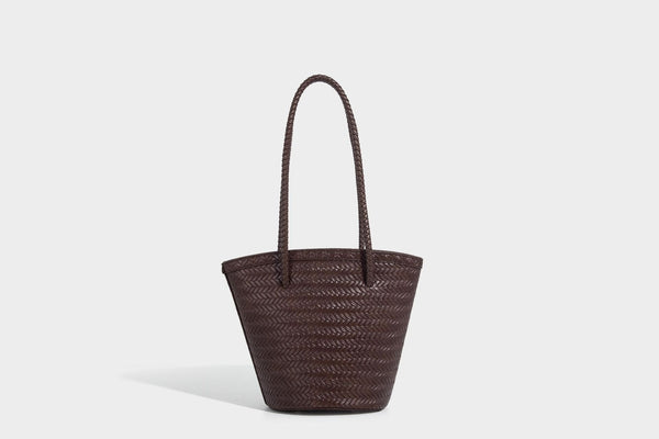 Chevron-woven bucket tote bag with braided shoulder straps and matching drawstring pouch, detail view 26