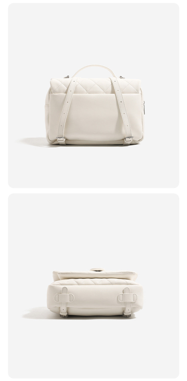 Diamond-quilted flap backpack handbag with silver-tone flower turn-lock, top handle, and dual shoulder straps, detail view 14