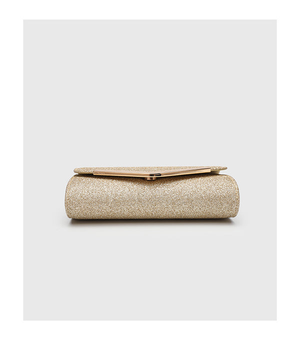Structured glitter envelope clutch bag with gold-tone V-bar hardware and detachable chain strap, detail view 10