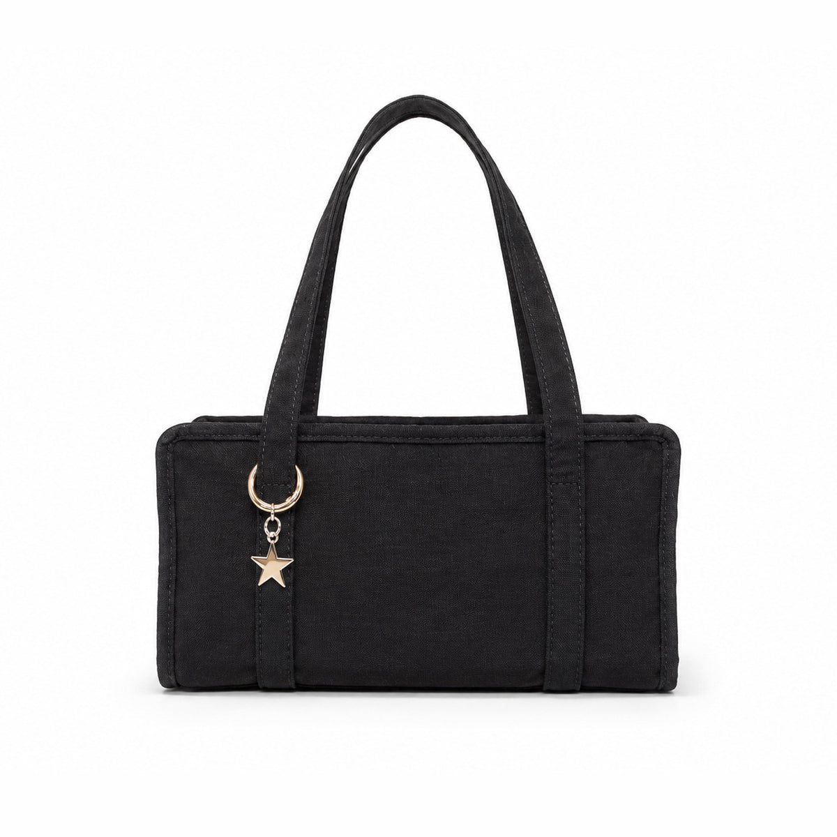 Structured rectangular retro plaid mini handbag with flower and star appliqués, silver star charm, and twin top handles
