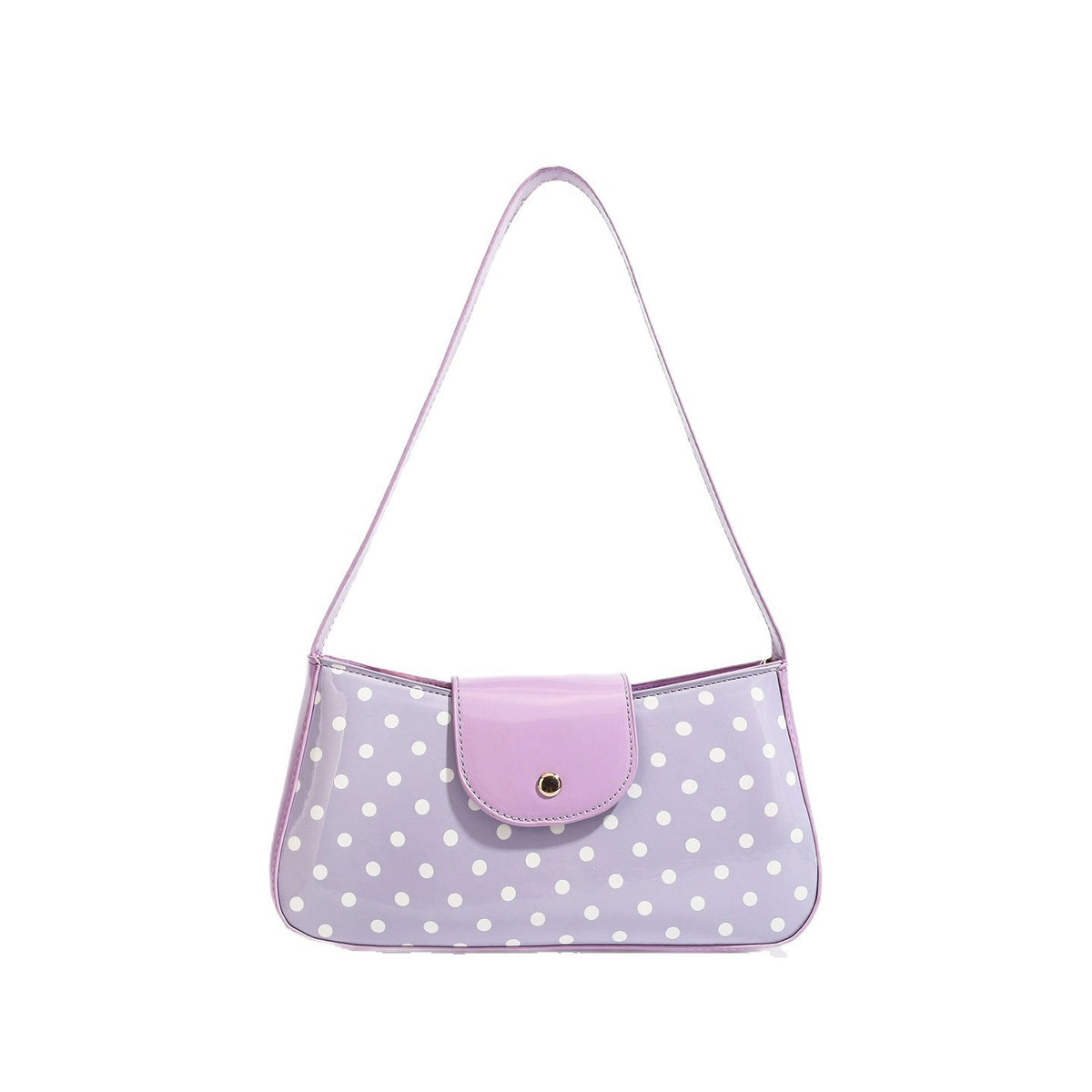 Structured polka-dot baguette shoulder bag with glossy patent-look finish, snap flap closure, and gold-tone hardware, detail