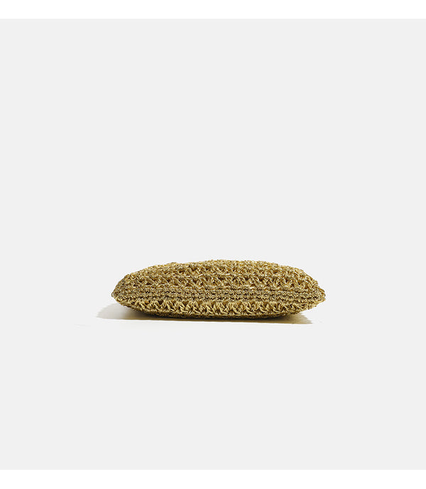 Small soft rectangular metallic crochet-weave shoulder bag with braided top handle and long crossbody strap, detail view 9