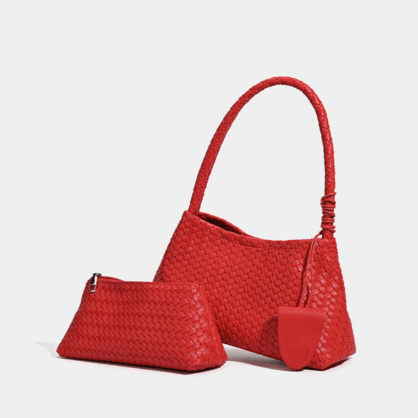 Woven leather-look shoulder bag with braided strap, trapezoidal body, and matching zip pouch, detail view 3