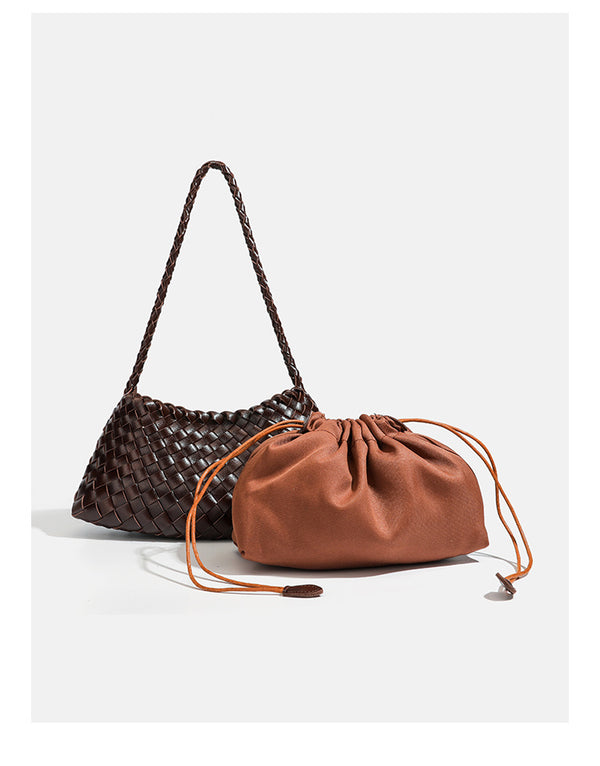 Dark brown hand-woven leather-look hobo shoulder bag with braided strap and drawstring closure, detail view 18