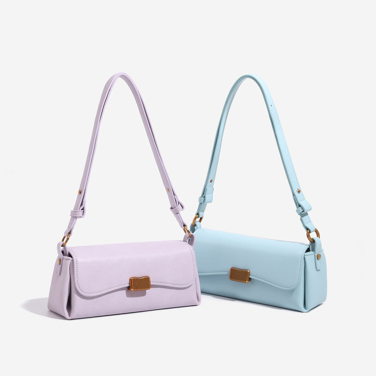Structured rectangular baguette shoulder bag in pastel sky blue with smooth leather-look finish, ribbed gold-tone turn-lock
