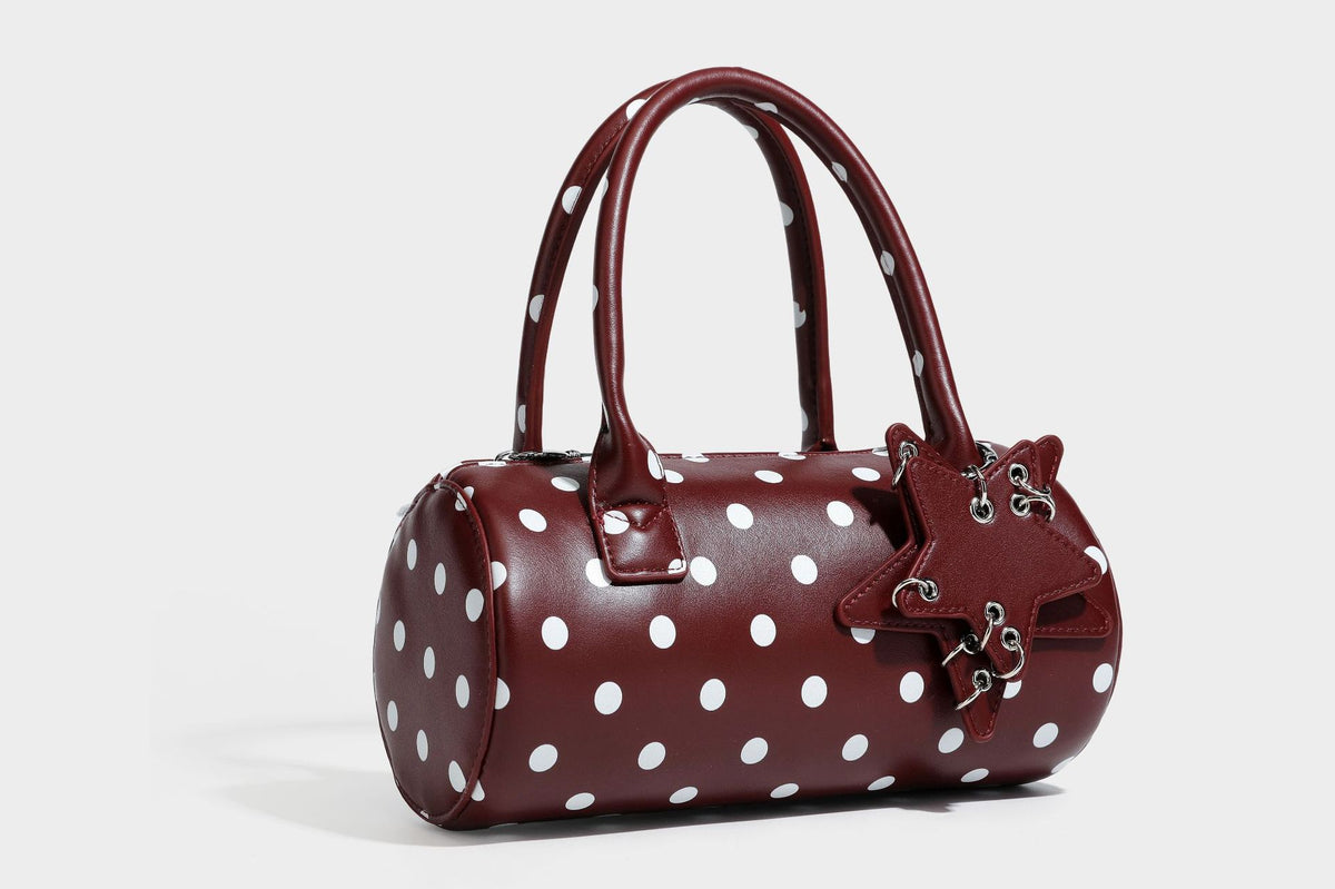 Glänzende gepunktete Barrel-Bag mit abgerundeten Henkeln, Sternanhänger und abnehmbarem Crossbody-Riemen, Detailansicht 23