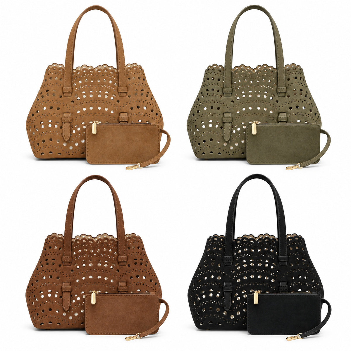 Structured scalloped perforated tote bag with matte suede-look finish and detachable zip pouch, detail view 4
