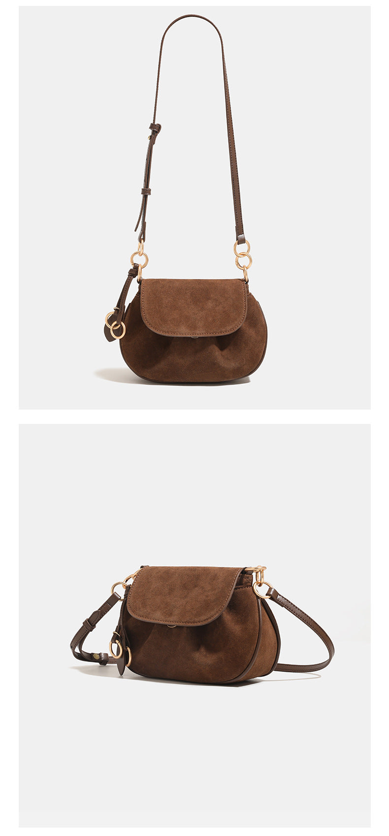 Small rounded flap crossbody saddle bag with gold-tone ring hardware and adjustable strap, detail view 11