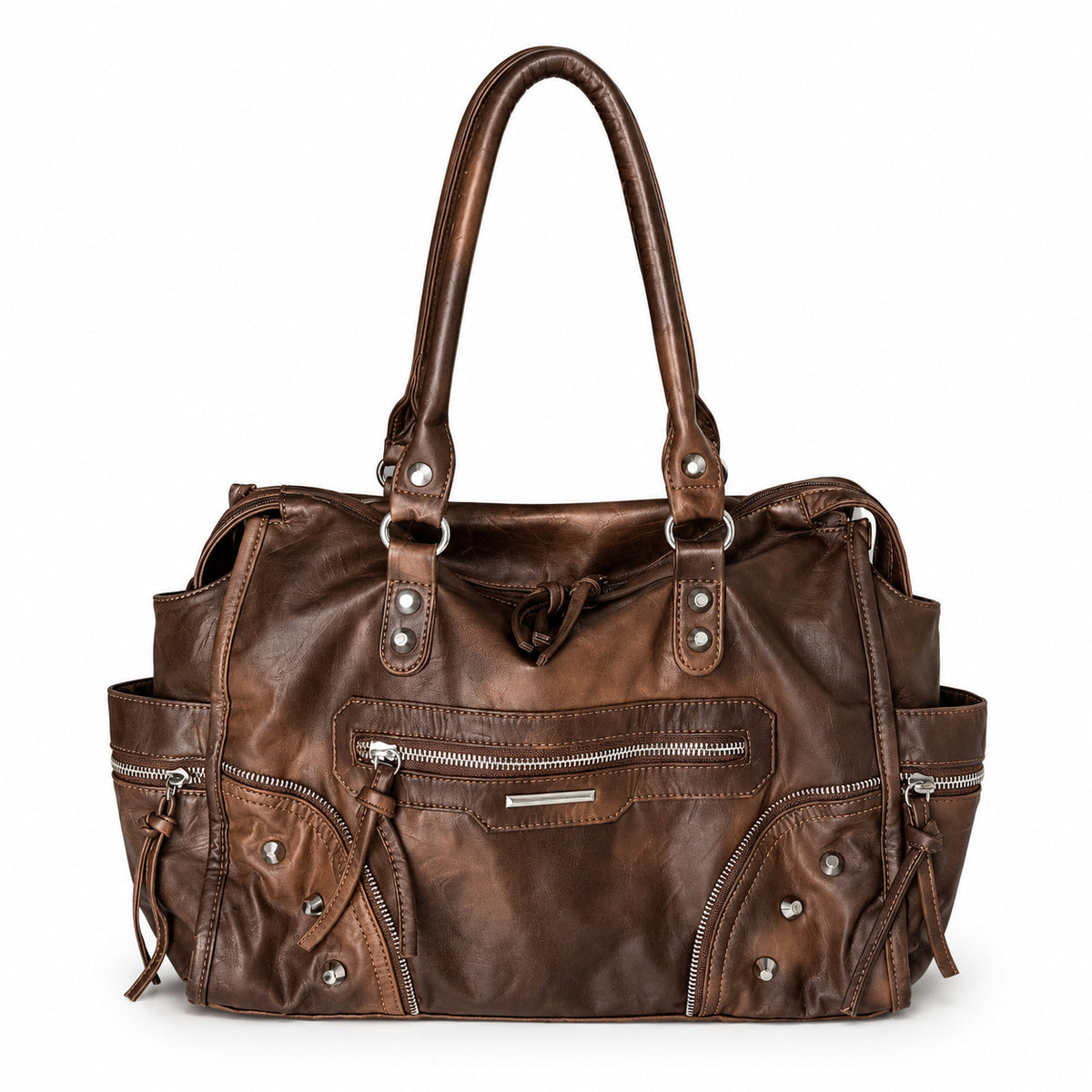 Large distressed leather-look moto tote bag with silver rivets, tassel zip pulls, front zip pocket, and dual top handles