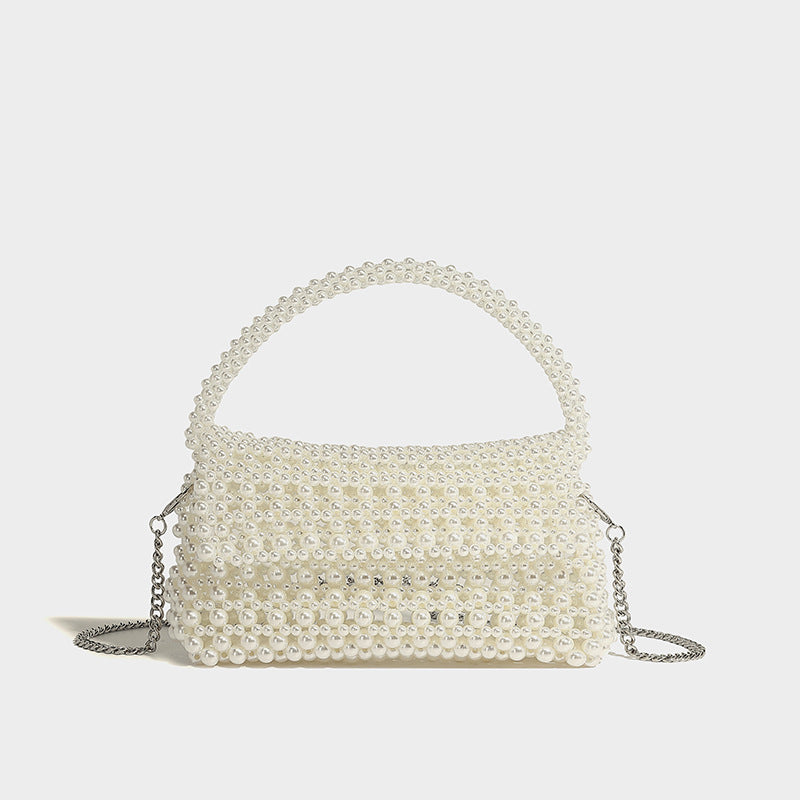 Elfenbeinfarbene Mini-Handtasche mit Kunstperlen, geschwungenem Henkel und abnehmbarem silberfarbenem Kettenriemen, Detailansicht 6