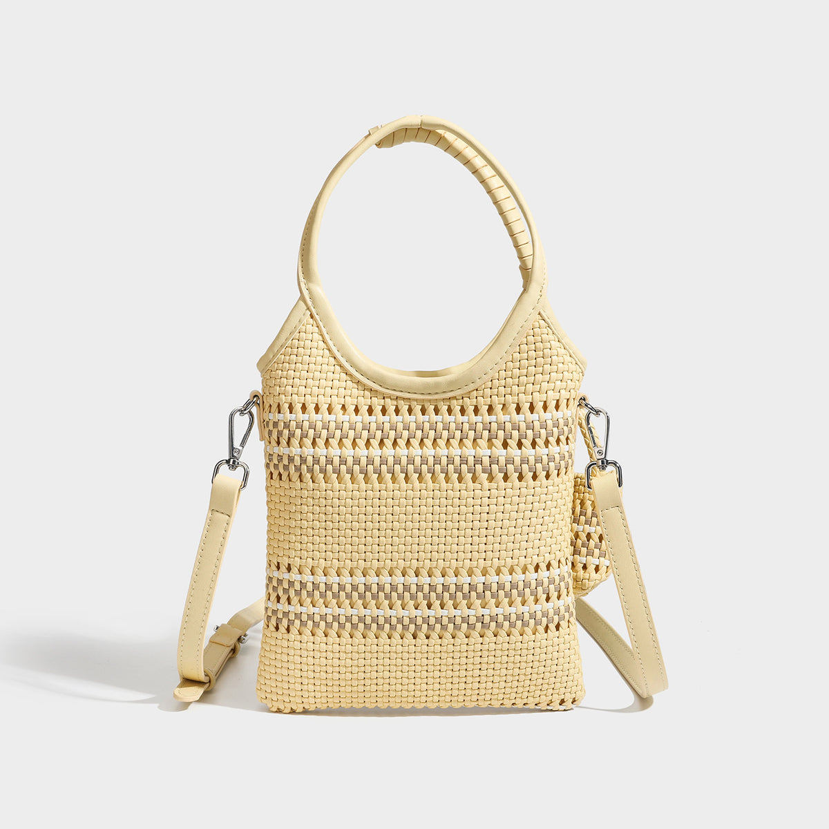 Brown two-tone woven leather-look shoulder bag with braided top handles, detachable mini pouch, and adjustable crossbody