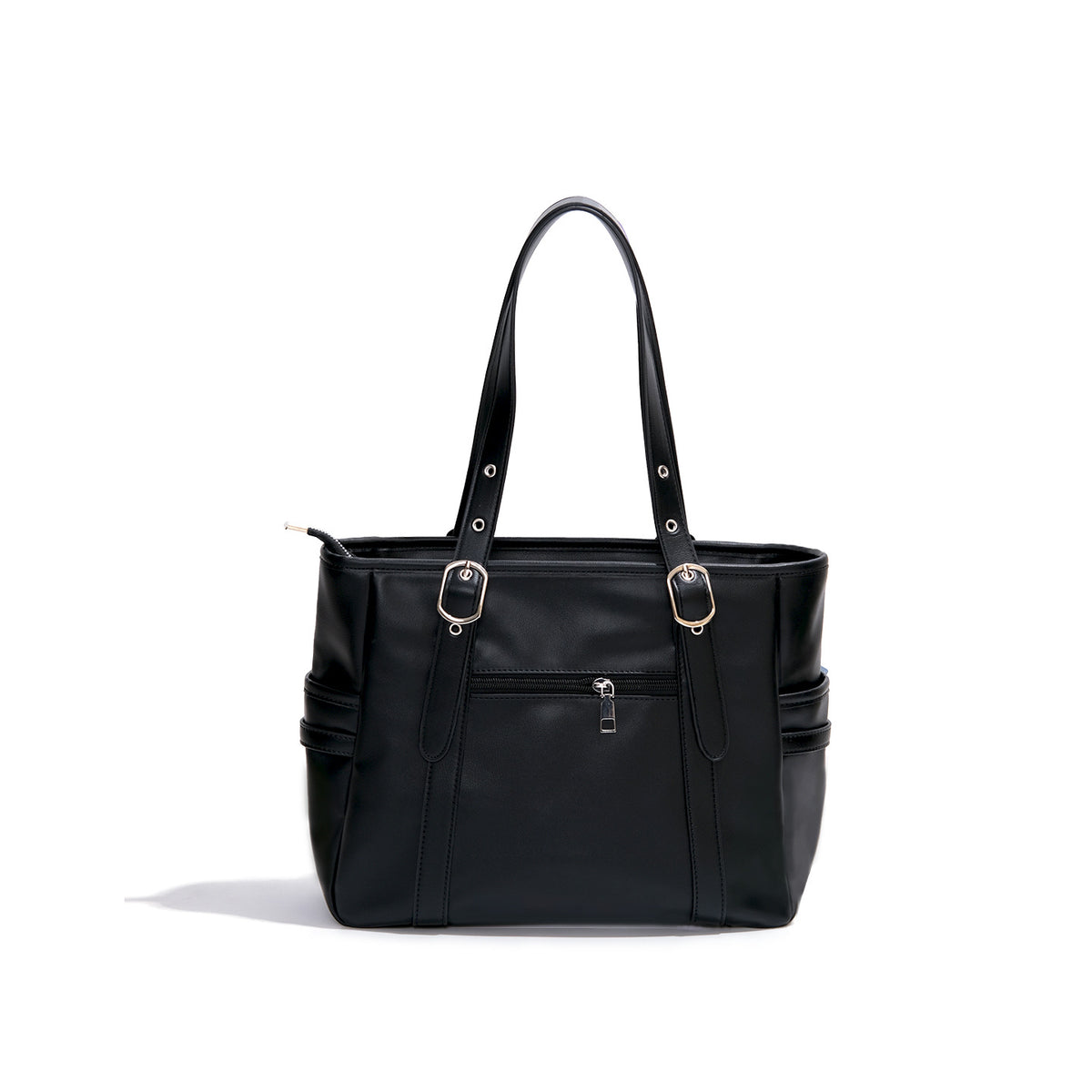 Large structured black leather-look tote bag with zip top, silver-tone hardware, side buckle straps, and detachable denim