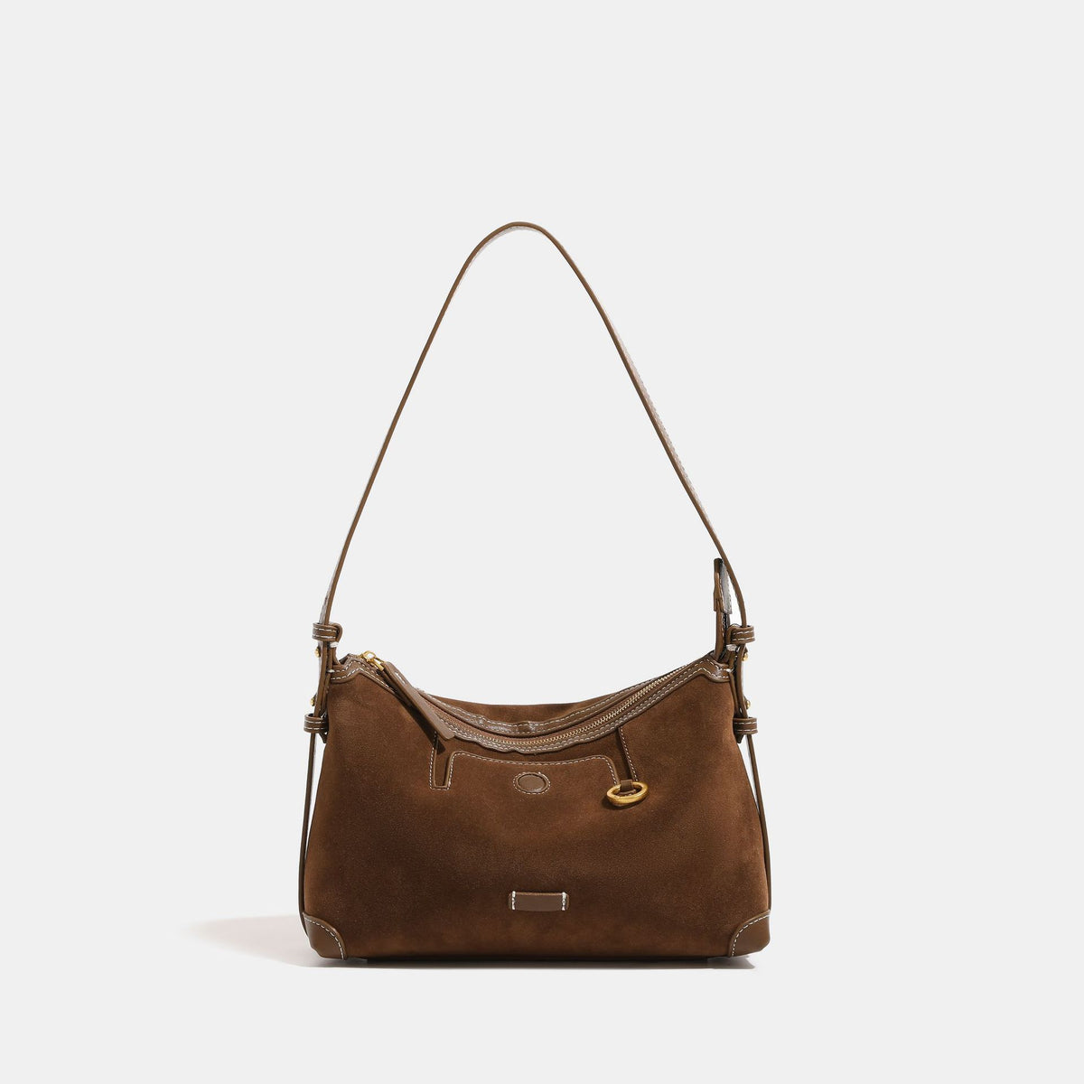 Tobacco brown suede-finish hobo bag with leather-look trim, contrast stitching, gold-tone hardware, and adjustable crossbody