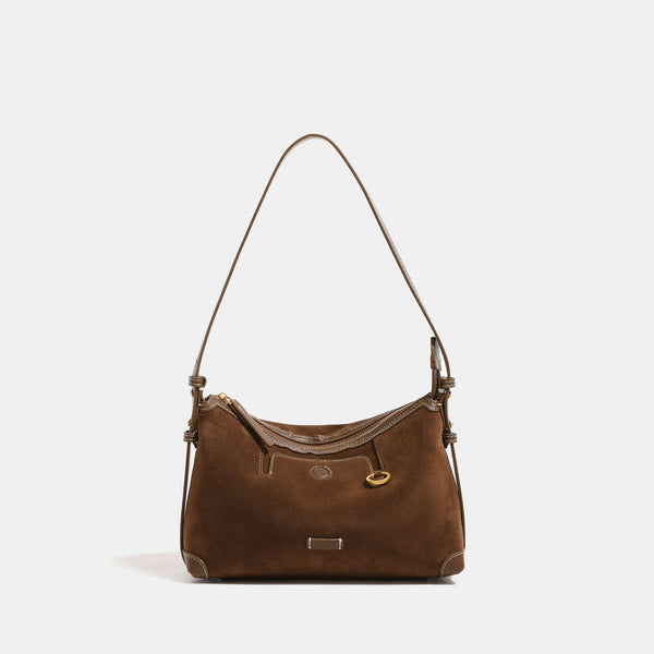 Hobo-Bag in Tabakbraun mit Velourslederoptik, Besatz in Lederoptik, Kontrastnähten, goldfarbenen Beschlägen und verstellbarem Crossbody-Riemen