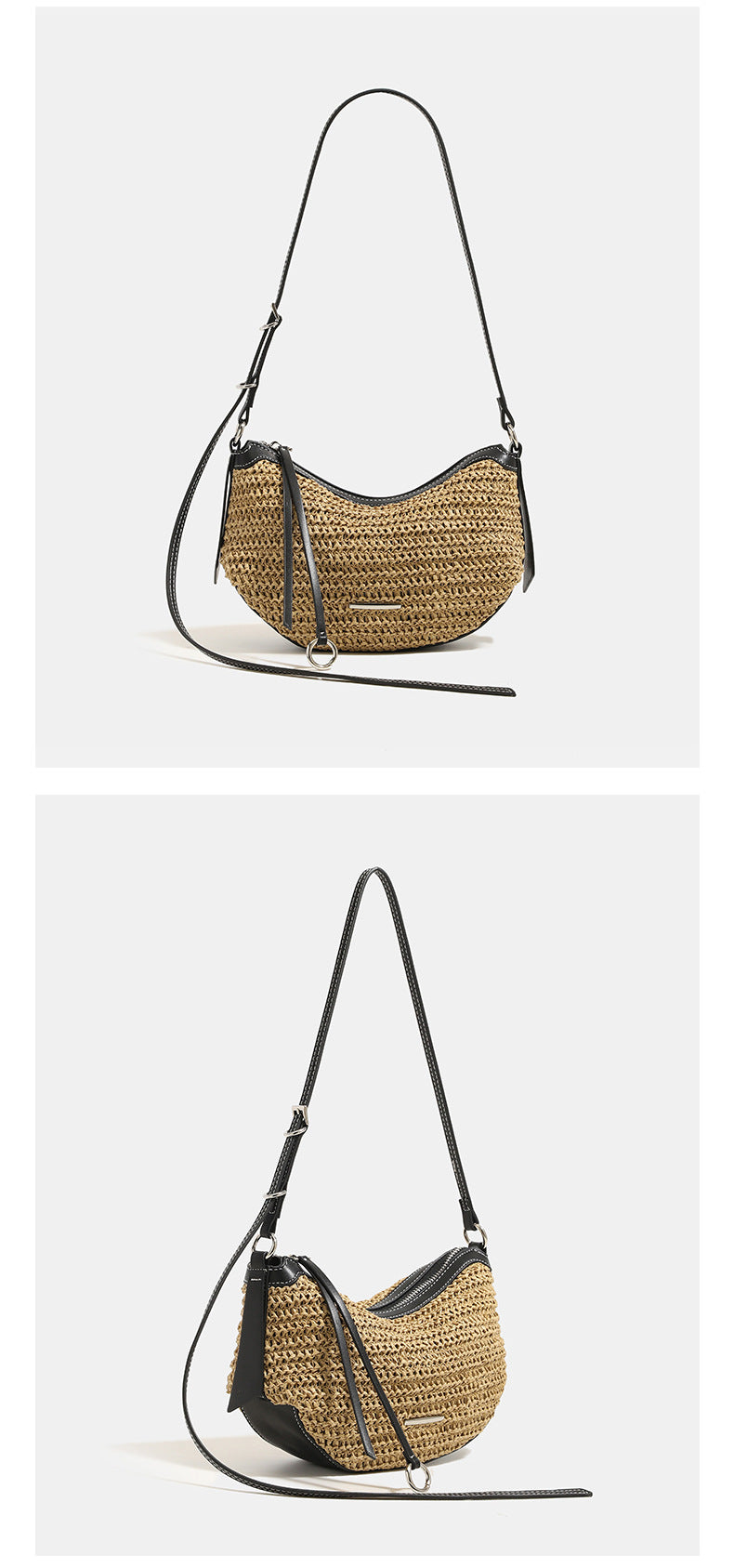 Compact crescent-shaped woven straw crossbody bag with black leather-look trim, top zip closure, and adjustable shoulder