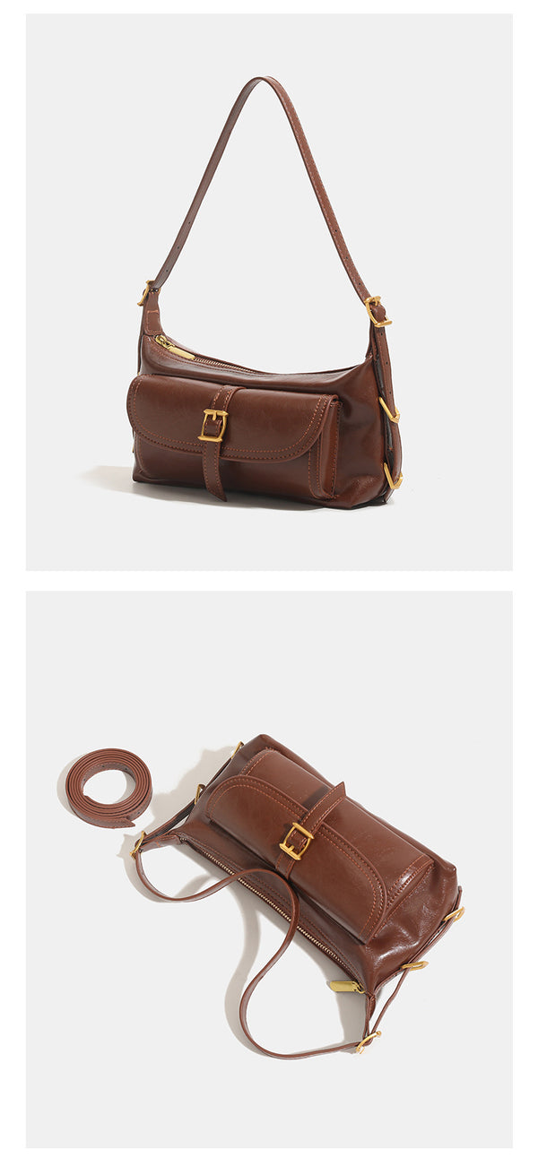 Compact glossy oil-wax leather-look shoulder bag with front buckle flap pocket and gold-tone hardware, detail view 12