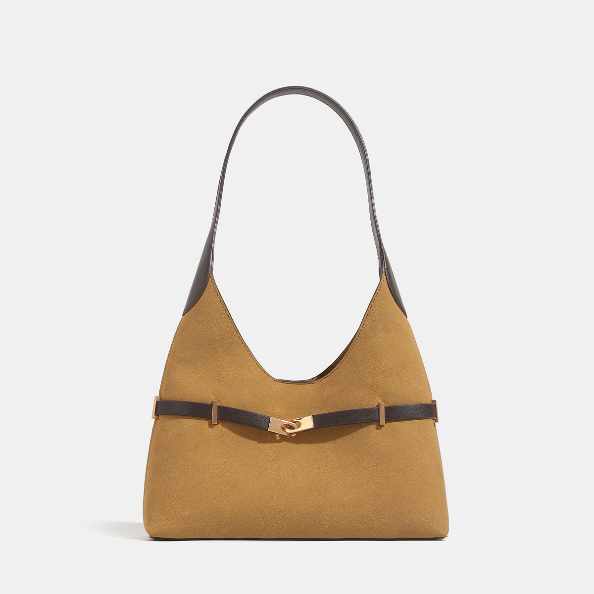 Senfgelbe matte Hobo-Schultertasche in Velourslederoptik mit dunkelbrauner Besatz in Lederoptik und roségoldener Gürtelschließe, Detailansicht 6