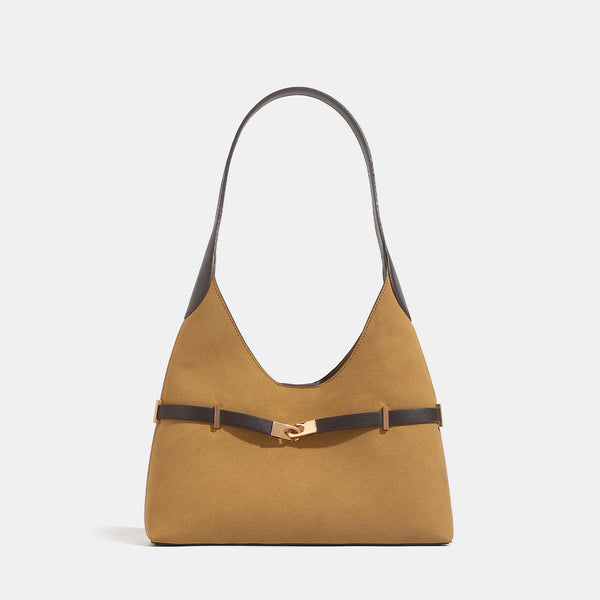 Senfgelbe matte Hobo-Schultertasche in Velourslederoptik mit dunkelbrauner Besatz in Lederoptik und roségoldener Gürtelschließe, Detailansicht 6