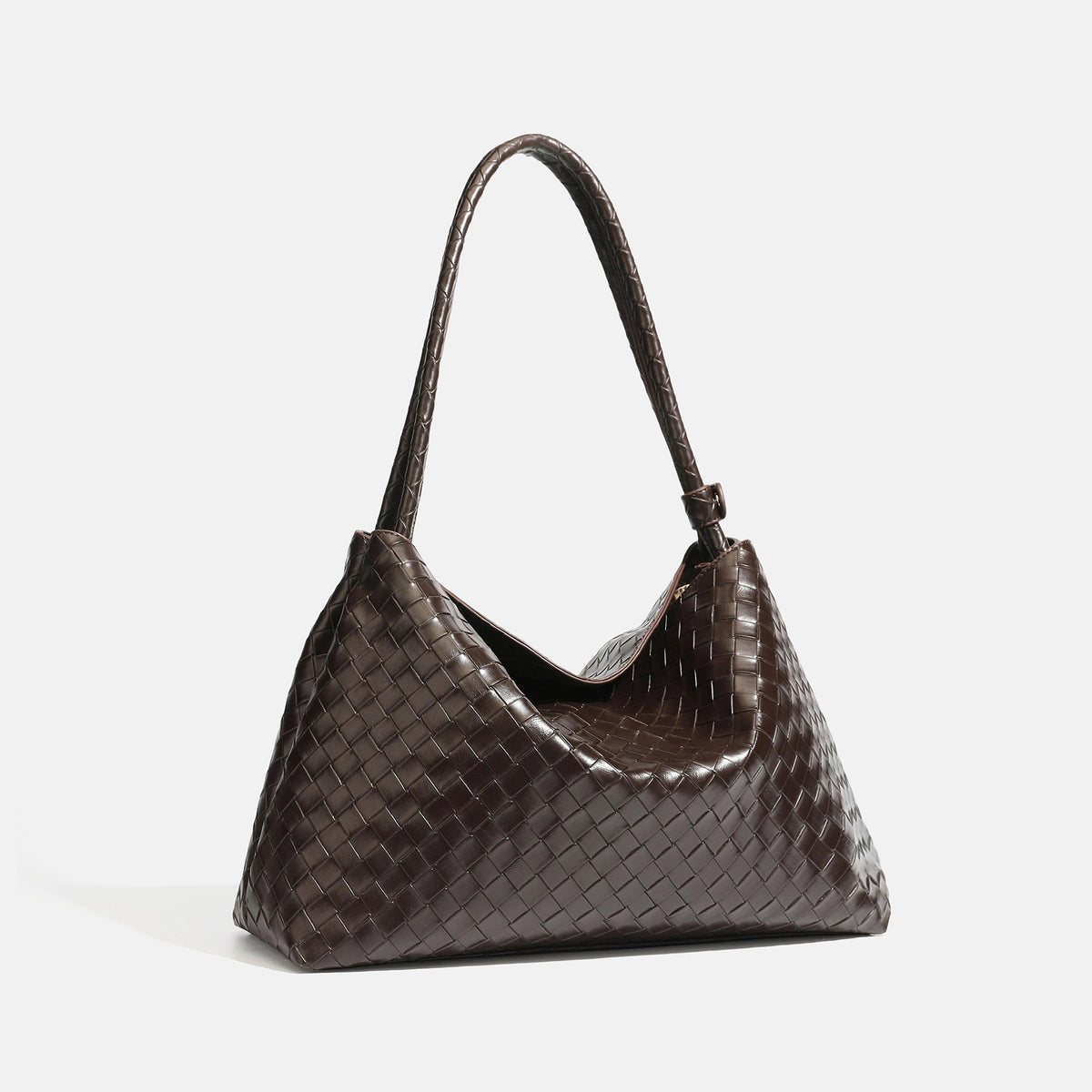 Slouchy woven leather-look hobo shoulder bag with braided strap and open top, detail view 2