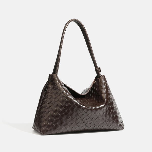 Slouchy woven leather-look hobo shoulder bag with braided strap and open top, detail view 2