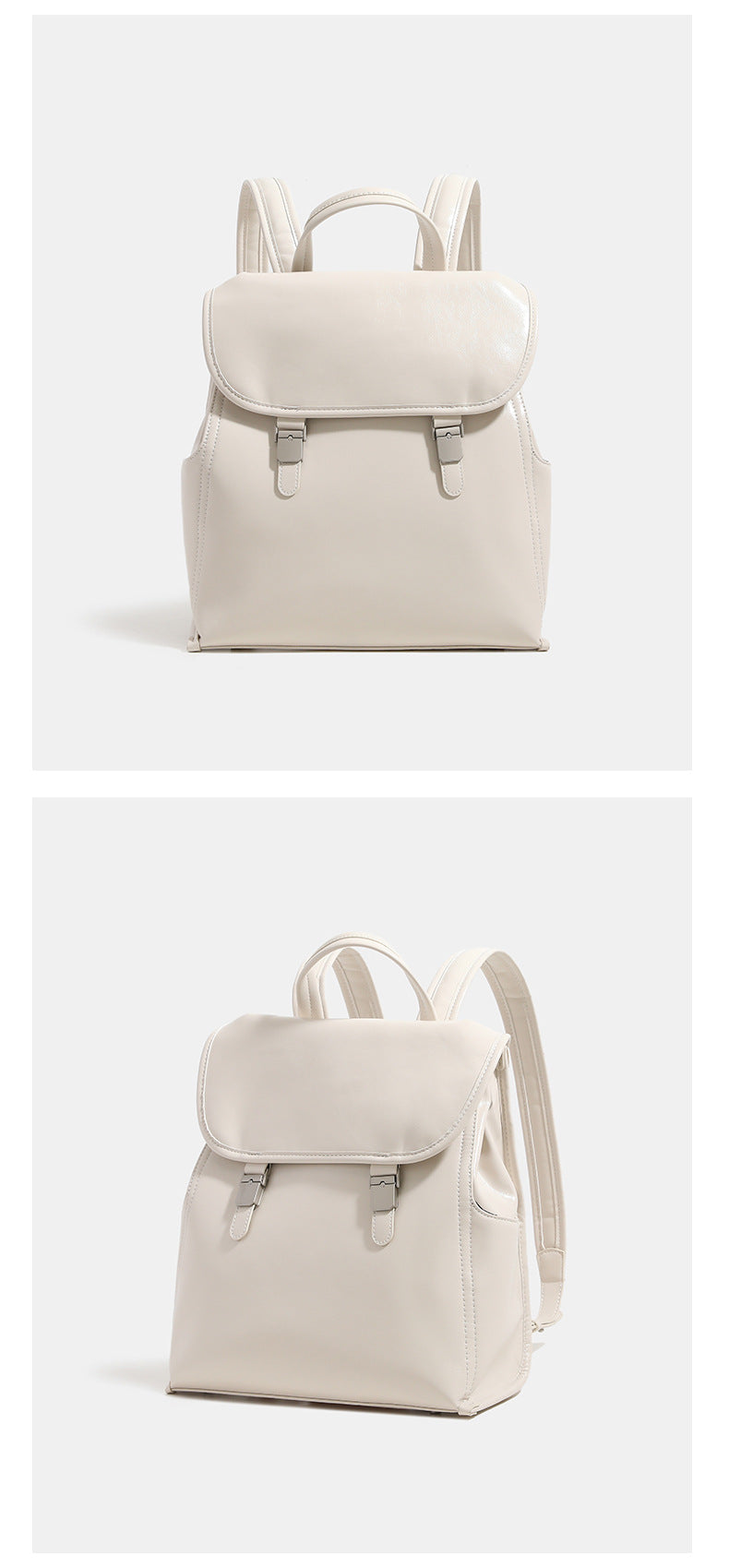 Structured glossy leather-look flap backpack with twin buckle closures and top grab handle, detail view 12
