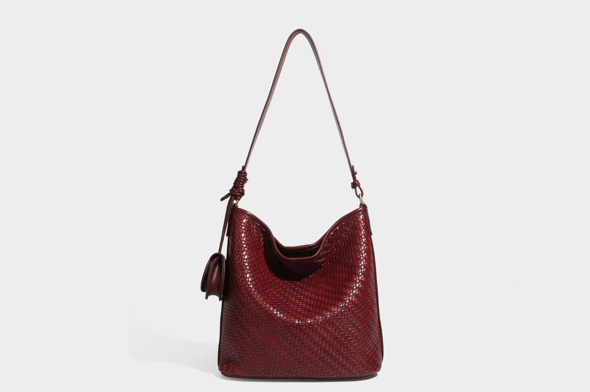 Woven-look slouchy hobo shoulder bag in brown with attached mini pouch and gold-tone hardware, detail view 44