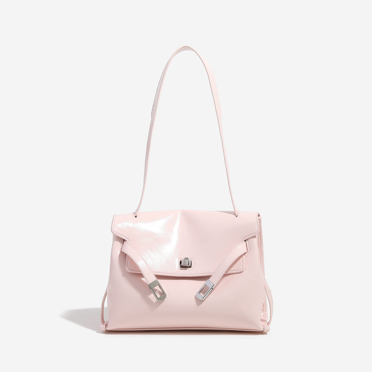 Structured rectangular flap shoulder bag in glossy leather-look finish with silver-tone turn-lock closure and adjustable
