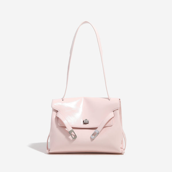 Structured rectangular flap shoulder bag in glossy leather-look finish with silver-tone turn-lock closure and adjustable