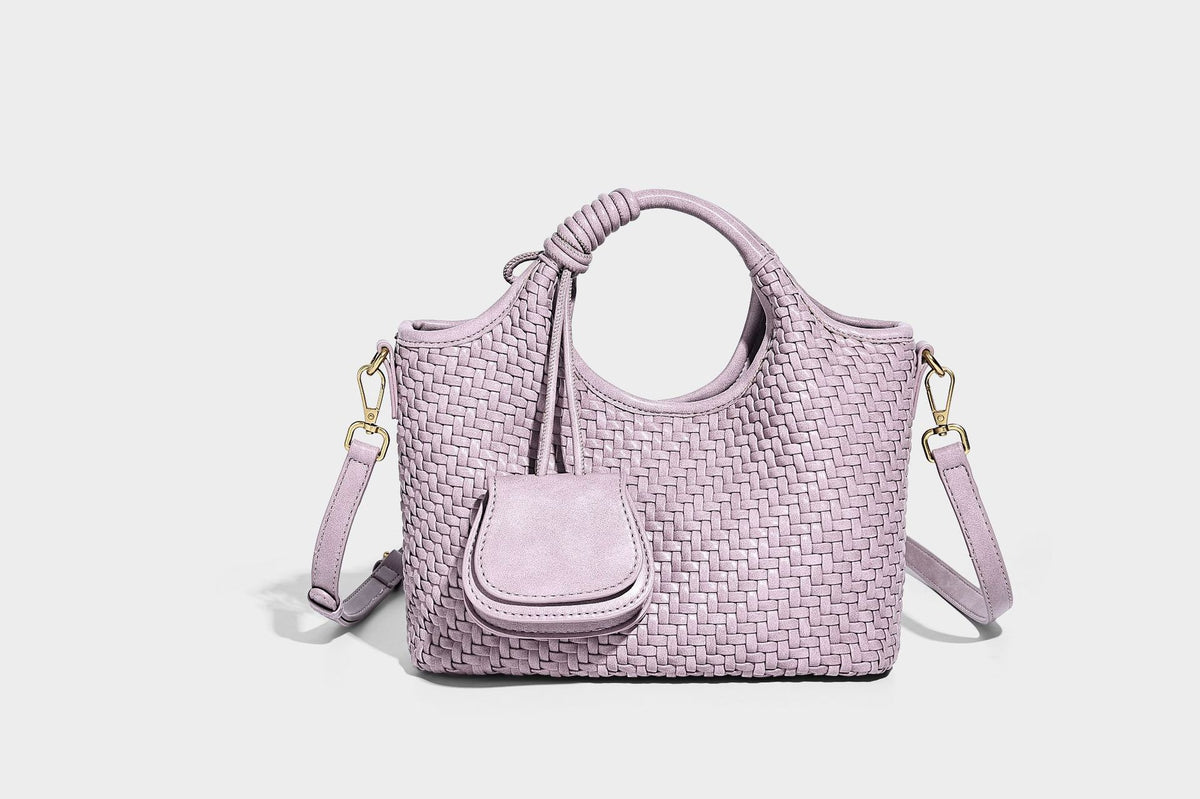 Woven texture tote bag with knotted top handles, attached front mini pouch, and gold-tone hardware, detail view 21