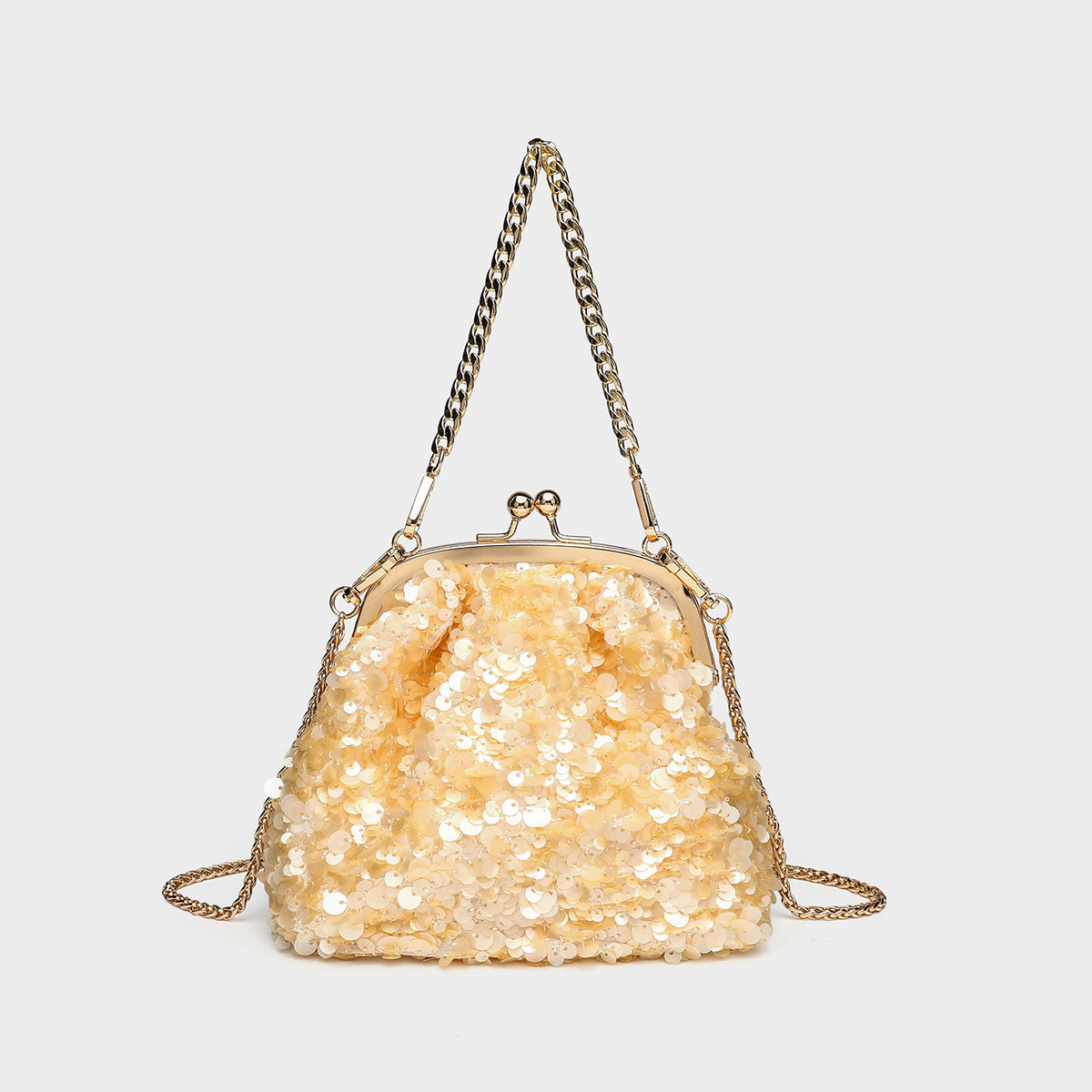 Small structured sequin kiss-lock evening bag with silver-tone chain strap in cream white, detail view 9